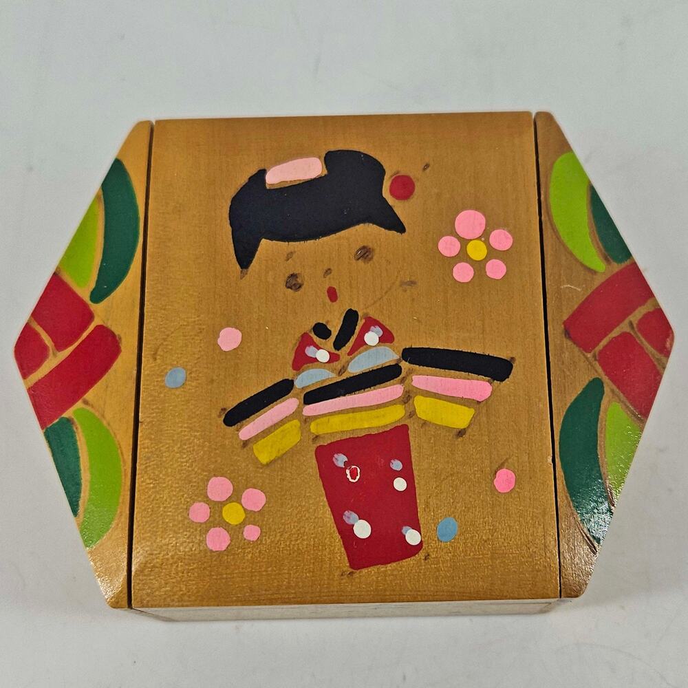 Vintage Kokeshi Doll Jewelry Box Trinket Box W/Mirror Painted Wood Japan